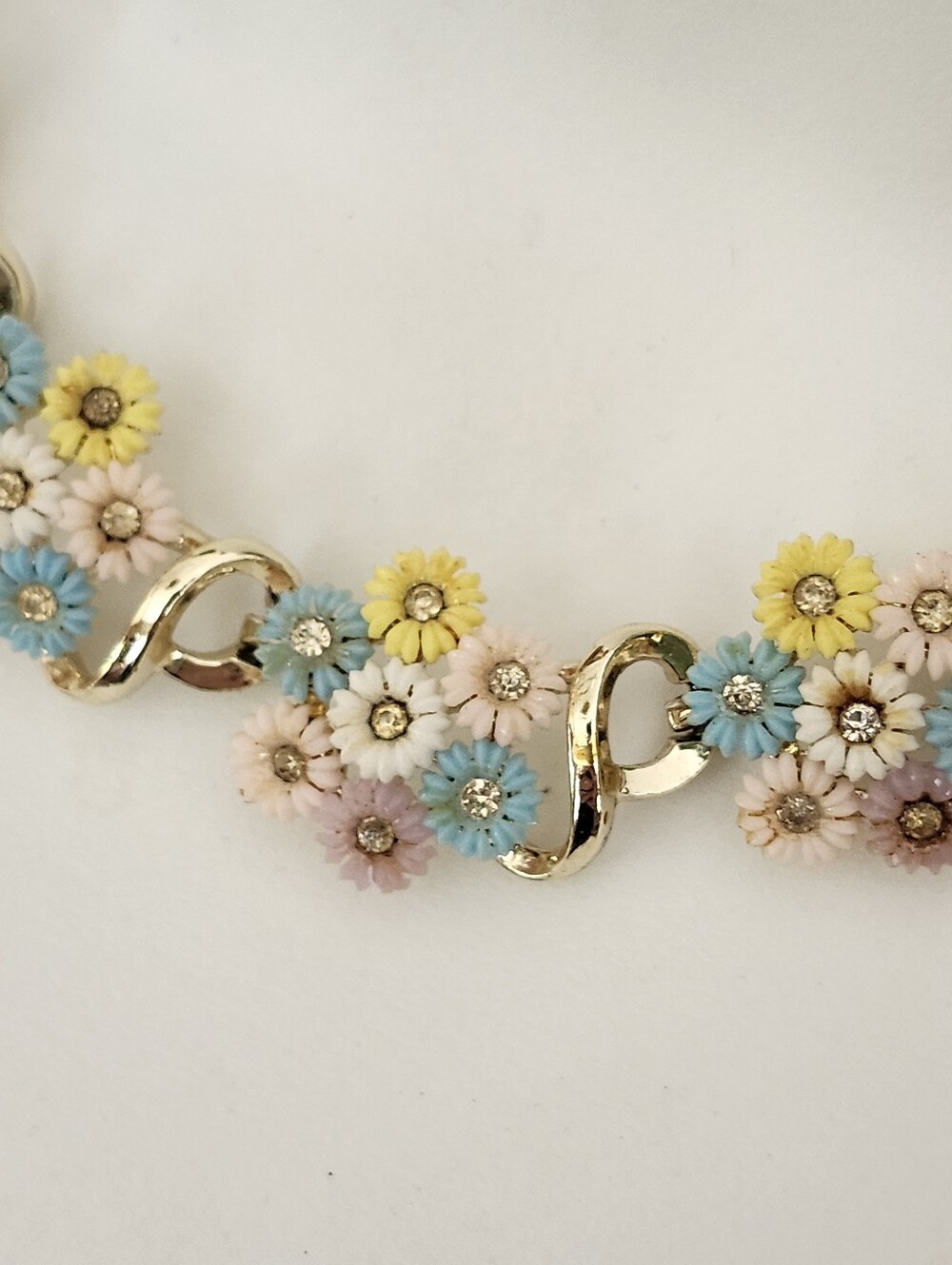 Vtg Pastel Floral Gold-Tone Necklace - Pink, Blue & Yellow - Picture 6 of 16